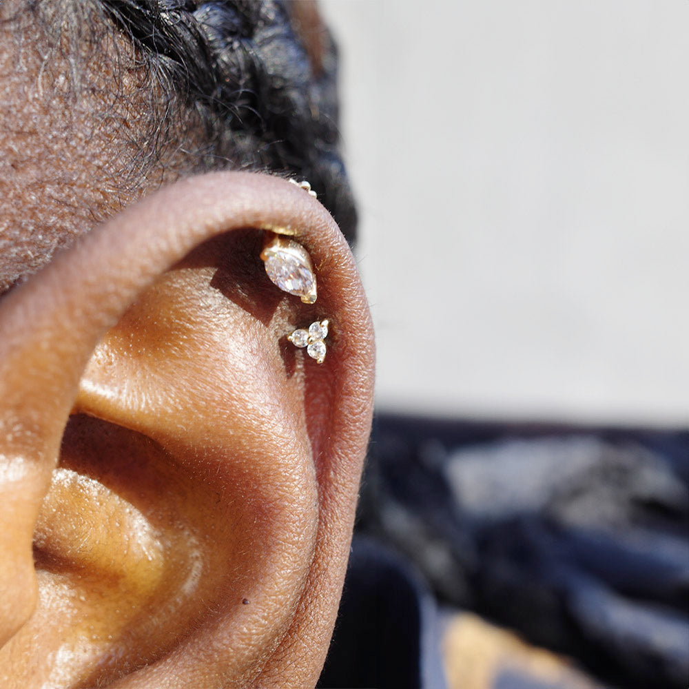 Rachel – 14K Solid Gold Labret Triple Trinity Triangle Crystal Stud Earring