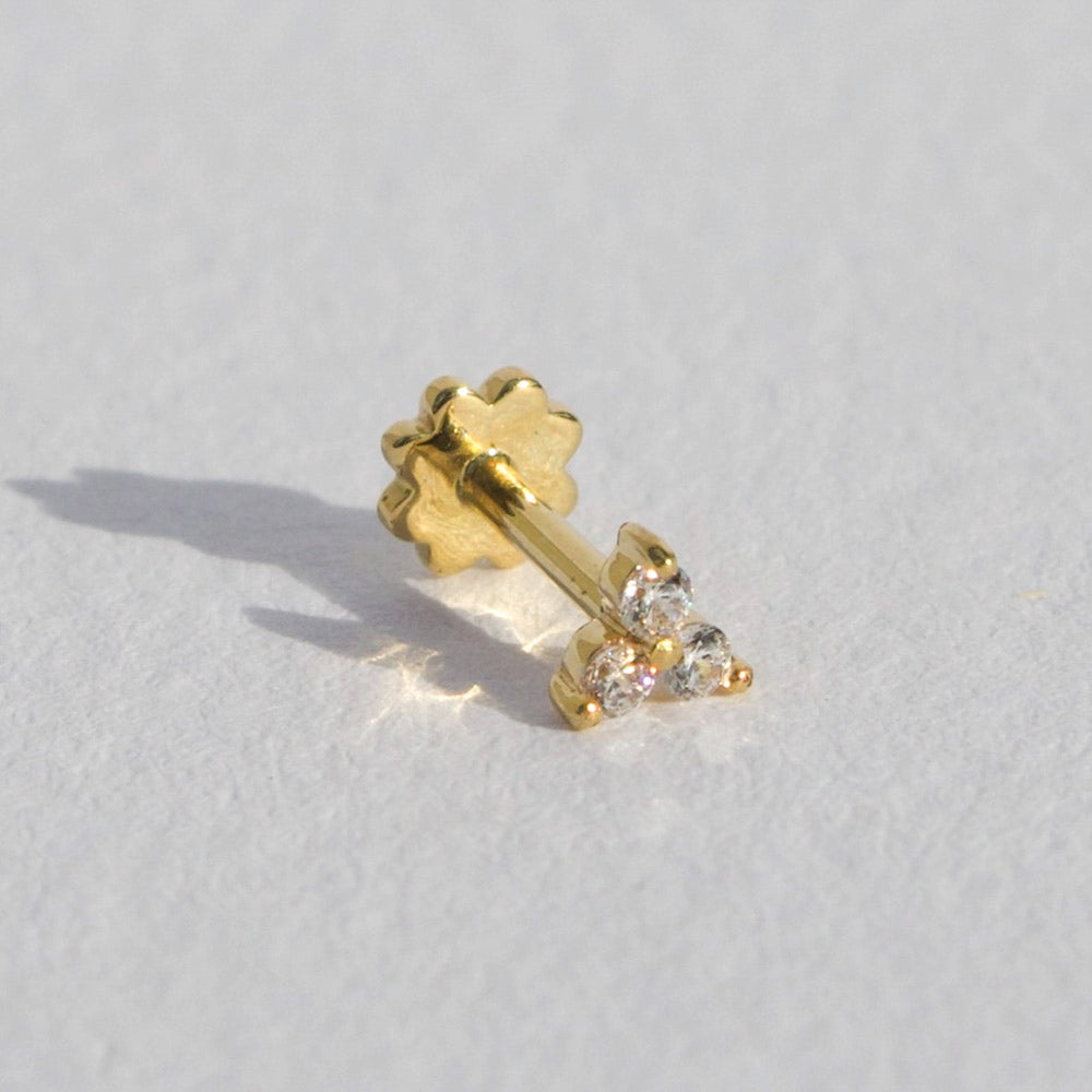Rachel – 14K Solid Gold Labret Triple Trinity Triangle Crystal Stud Earring