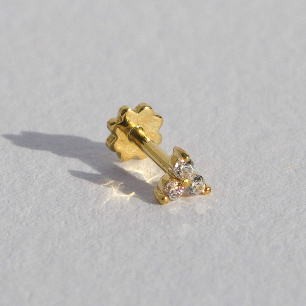 Rachel - 14K Solid Gold Labret Triple Trinity Triangle Crystal Stud Earring